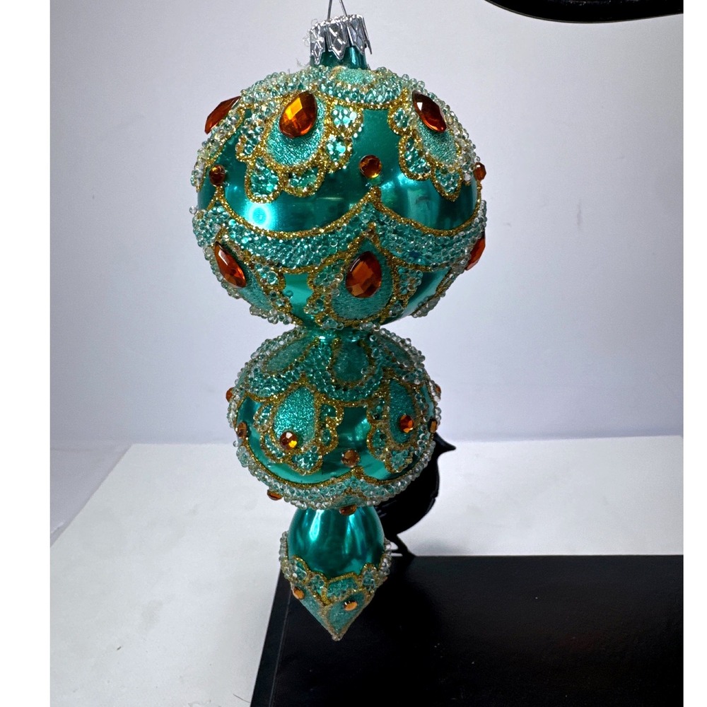 Teal Glass Finial Ornament Gold Glitter Beaded Amber Gemstone Holiday Decor 7.5"